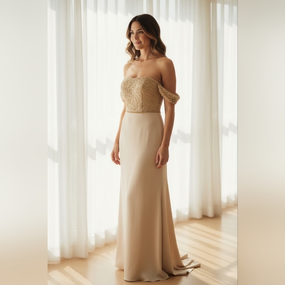 Elegant Champagne and Gold Off-Shoulder Dress
